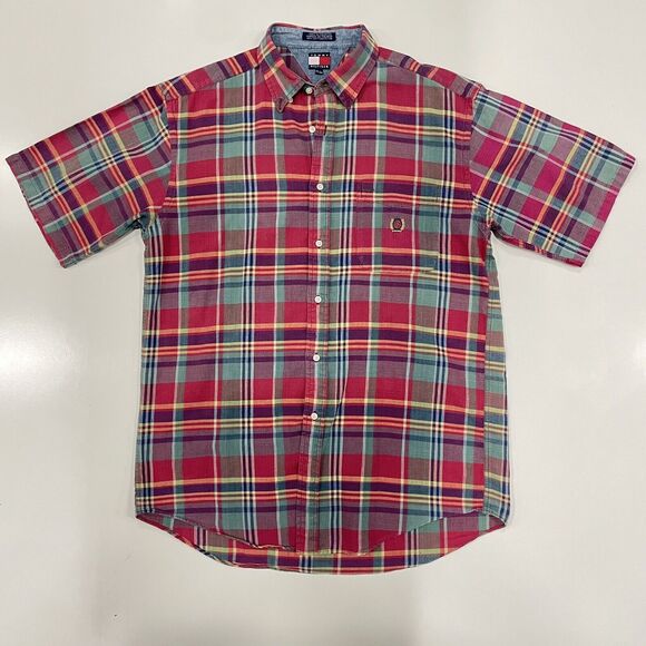 VTG Tommy Hilfiger Men’s Shirt Check Plaid Colorblock S/S Button Up 90s Size S-M - Picture 1 of 6